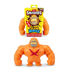 Orangene, muskulöse Spielfigur mit wütendem Gesicht vor gelber Slam Heroes-Verpackung.