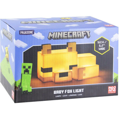 Minecraft Baby Fox Lightbox mit pixeliger Fuchs-Lampe und Creeper-Illustration auf der Verpackung.