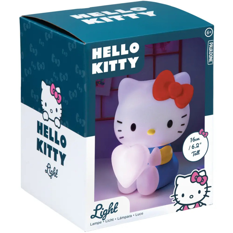 Hello Kitty Nachtlicht in Verpackung, hält ein leuchtendes Herz, mit Markenlogo und Produktdetails auf der Box.