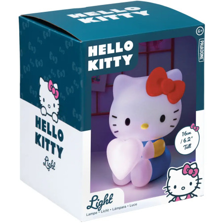 Hello Kitty Nachtlicht in Verpackung, hält ein leuchtendes Herz, mit Markenlogo und Produktdetails auf der Box.