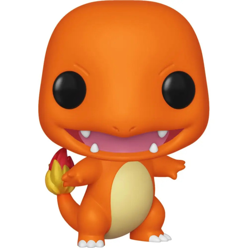 Funko Pop Figur von Glumanda, einem orangefarbenen, lächelnden Pokémon mit Flammenschwanz und großen schwarzen Augen.
