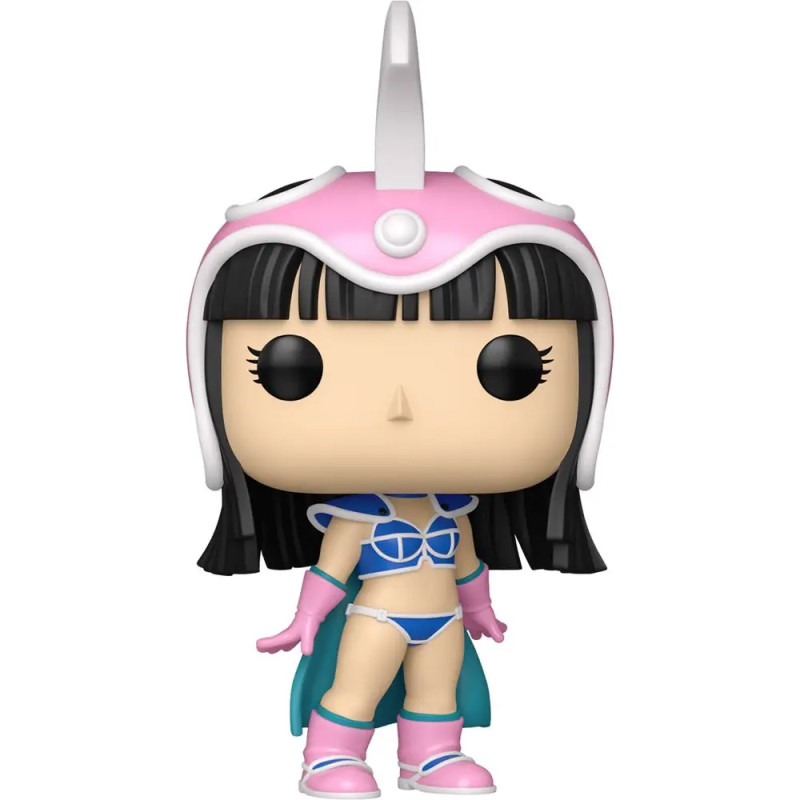 Funko Pop Figur eines Mädchens mit langem schwarzen Haar, pinkem Helm, blauer Rüstung, Handschuhen und Stiefeln.
