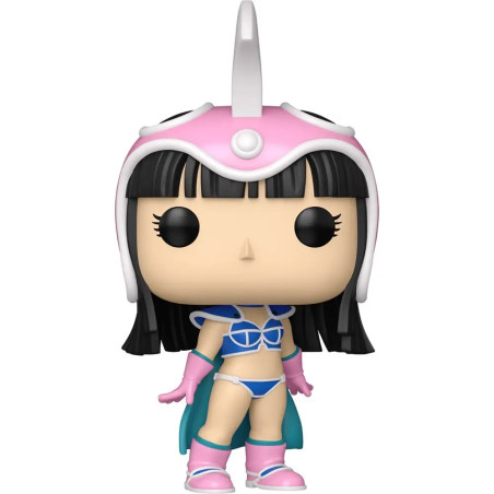 Funko Pop Figur eines Mädchens mit langem schwarzen Haar, pinkem Helm, blauer Rüstung, Handschuhen und Stiefeln.