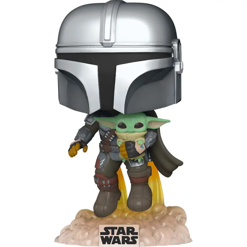 Funko Pop von Mandalorian mit Grogu, stehend auf Star Wars Sockel und Jetpack-Effekt.