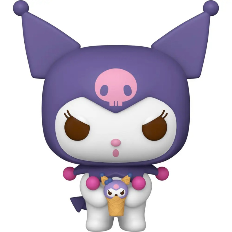 Funko Pop Figur von Kuromi mit lilafarbener Kapuze, hält ein Kuromi-Eis in der Hand.