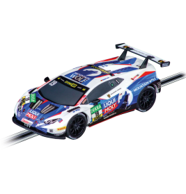 Slotcar im Lamborghini-Design mit blau-roter-weißer Rennlackierung und Sponsorlogos.