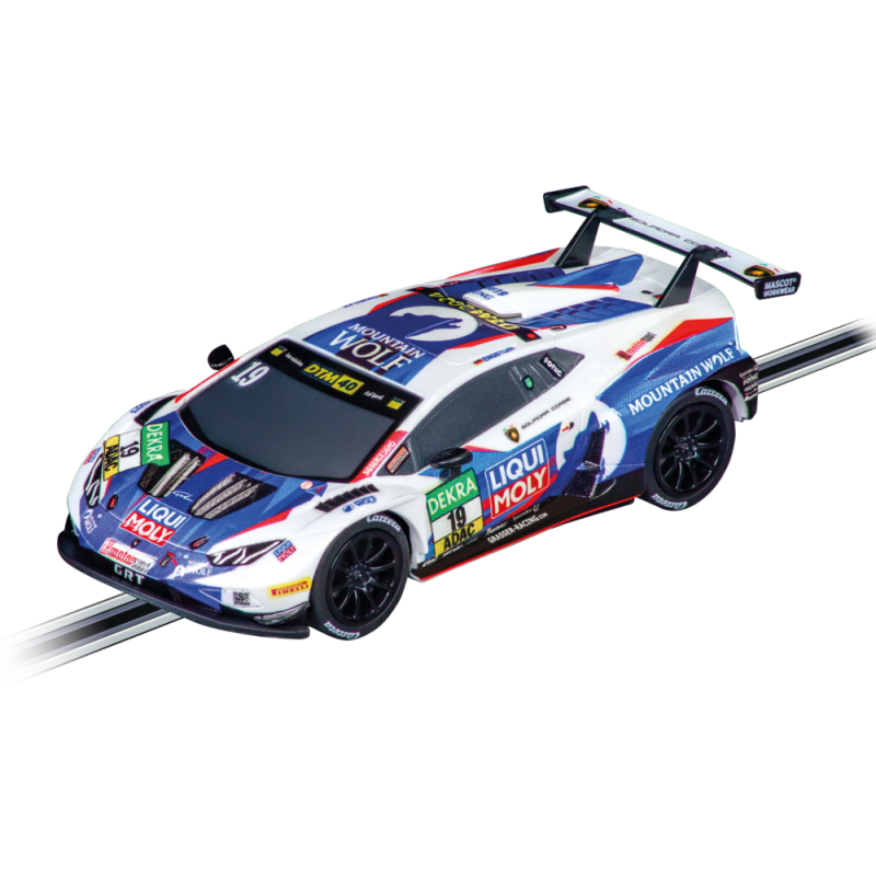 Slotcar im Lamborghini-Design mit blau-roter-weißer Rennlackierung und Sponsorlogos.