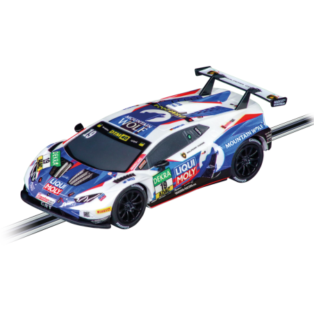 Slotcar im Lamborghini-Design mit blau-roter-weißer Rennlackierung und Sponsorlogos.