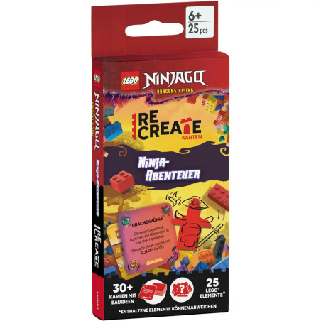LEGO Ninjago ReCreate Ninja-Abenteuer Kartenspiel-Box mit bunten Karten und LEGO-Steinen aufgestellt.