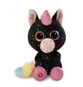 Schwarzes Plüsch-Einhorn mit rosa Horn, Sternmustern, großen Augen und einem regenbogenfarbenen Schweif.