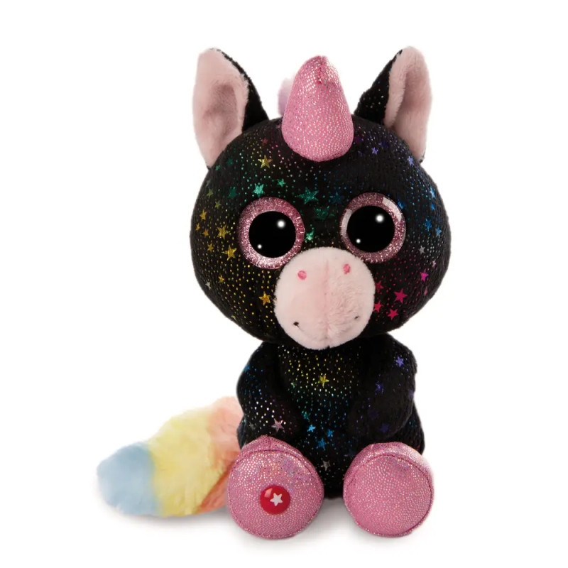 Schwarzes Plüsch-Einhorn mit rosa Horn, Sternmustern, großen Augen und einem regenbogenfarbenen Schweif.