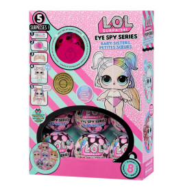 LOL Surprise Eye Spy Baby Sisters Box mit bunten Motiven und Fenstern, die Überraschungskugeln zeigen.