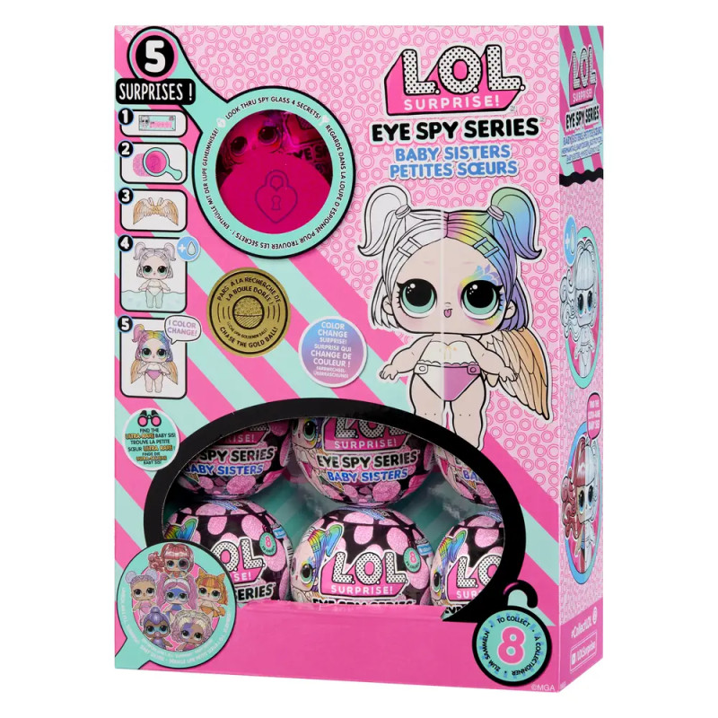 LOL Surprise Eye Spy Baby Sisters Box mit bunten Motiven und Fenstern, die Überraschungskugeln zeigen.