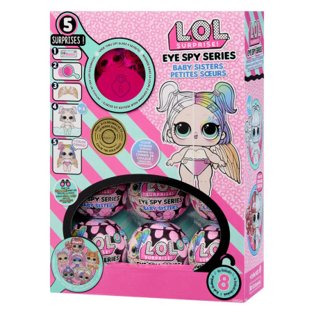 LOL Surprise Eye Spy Baby Sisters Box mit bunten Motiven und Fenstern, die Überraschungskugeln zeigen.