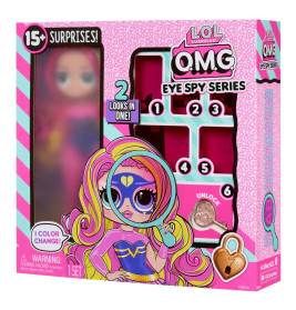 LOL Surprise OMG Eye Spy Serie: Bunte Spielzeugbox mit Cartoon-Mädchen, Schloss-Grafik und teilweise sichtbarer Puppe.
