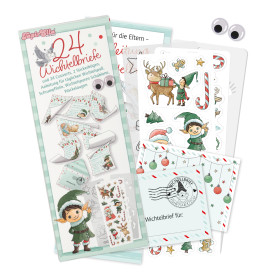Weihnachts-Bastelset mit Aufklebern, Postkarten und Deko zum Ausschneiden, Motive: Elfen und festliche Designs.