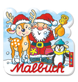 Der Weihnachtsmann, ein Rentier und ein Pinguin in Winterkleidung stehen im Schnee. Unten steht "Malbuch".