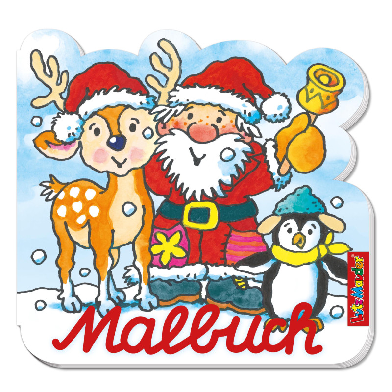 Der Weihnachtsmann, ein Rentier und ein Pinguin in Winterkleidung stehen im Schnee. Unten steht "Malbuch".