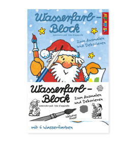 Deckblatt eines Aquarellblocks mit fröhlichem, malendem Weihnachtsmann und deutsch-englischem Text.