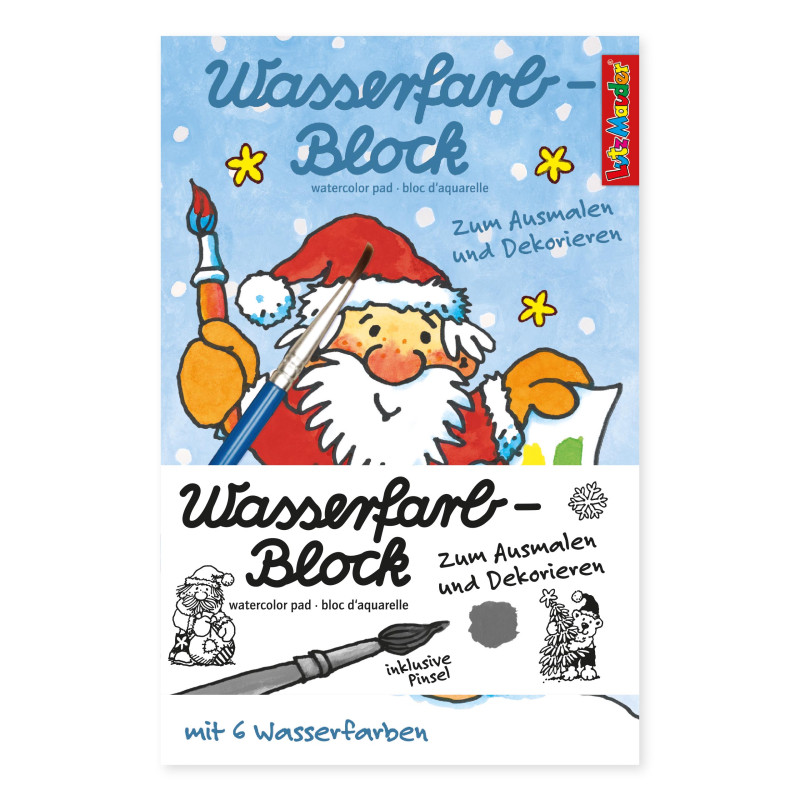 Deckblatt eines Aquarellblocks mit fröhlichem, malendem Weihnachtsmann und deutsch-englischem Text.
