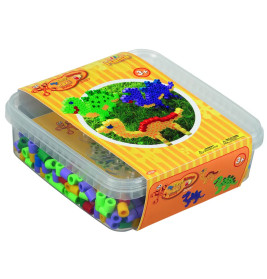 Kunststoffbox mit bunten Perlen, Etikett zeigt daraus gelegte Dinosaurierformen.