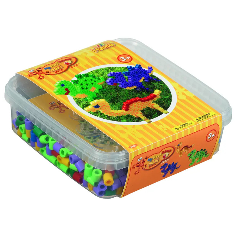 Kunststoffbox mit bunten Perlen, Etikett zeigt daraus gelegte Dinosaurierformen.