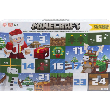 Minecraft-Adventskalender mit Pixel-Santa, Geschenken, Rentier, Schneemann und nummerierten Türchen.