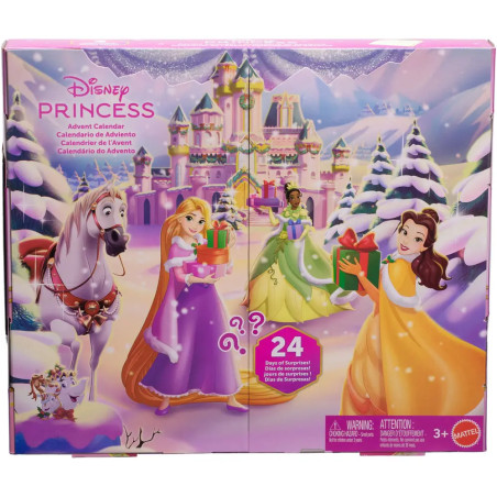 Disney Princess Adventskalender mit Rapunzel, Belle, Geschenken, schneebedecktem Schloss und weißem Pferd im Hintergrund.