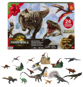 Jurassic World Adventskalender mit Dinosaurier-Motiv und 16 kleinen dinosaurierförmigen Spielzeugen darunter.