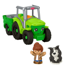 Grüner Spielzeugtraktor mit lächelndem Gesicht, dazu eine Jungenfigur und eine schwarz-weiße Hundefigur.