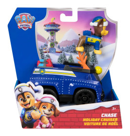 PAW Patrol Chase Holiday Cruiser im blauen Karton mit winterlichem Hintergrund und festlichen Motiven.