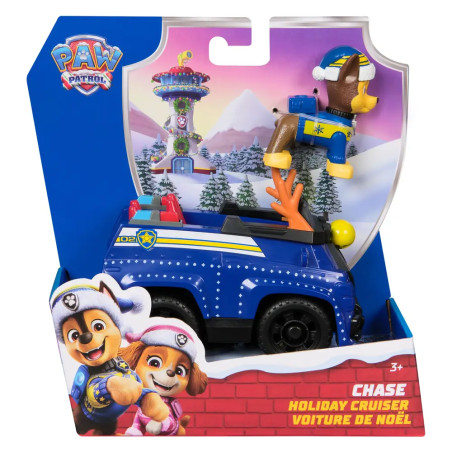PAW Patrol Chase Holiday Cruiser im blauen Karton mit winterlichem Hintergrund und festlichen Motiven.