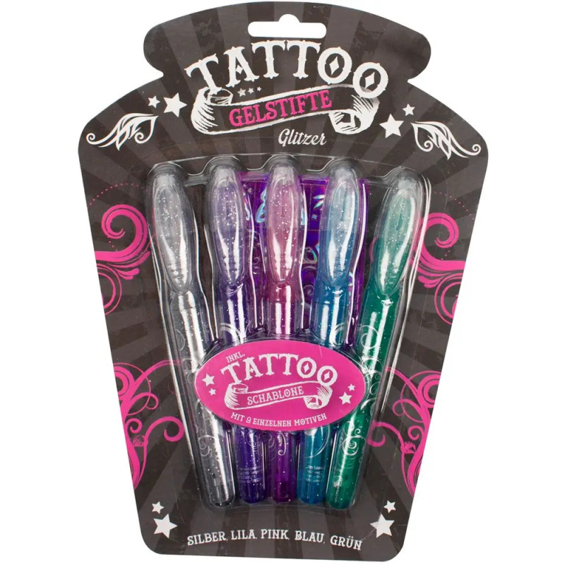 Fünf Glitzer-Tattoo-Gelstifte in Silber, Lila, Pink, Blau und Grün in dekorativer Verpackung.