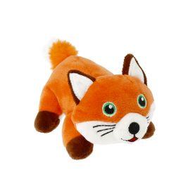 Plüschfuchs mit grünen Augen, weißem Gesicht, braunen Pfoten und buschigem orangefarbenem Schwanz liegt auf dem Bauch.