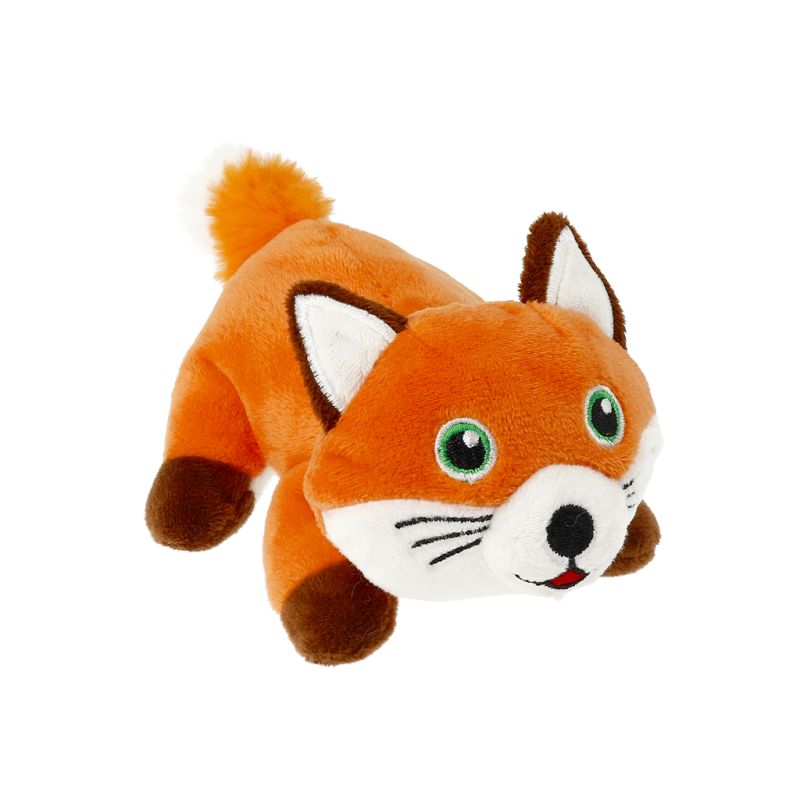 Plüschfuchs mit grünen Augen, weißem Gesicht, braunen Pfoten und buschigem orangefarbenem Schwanz liegt auf dem Bauch.