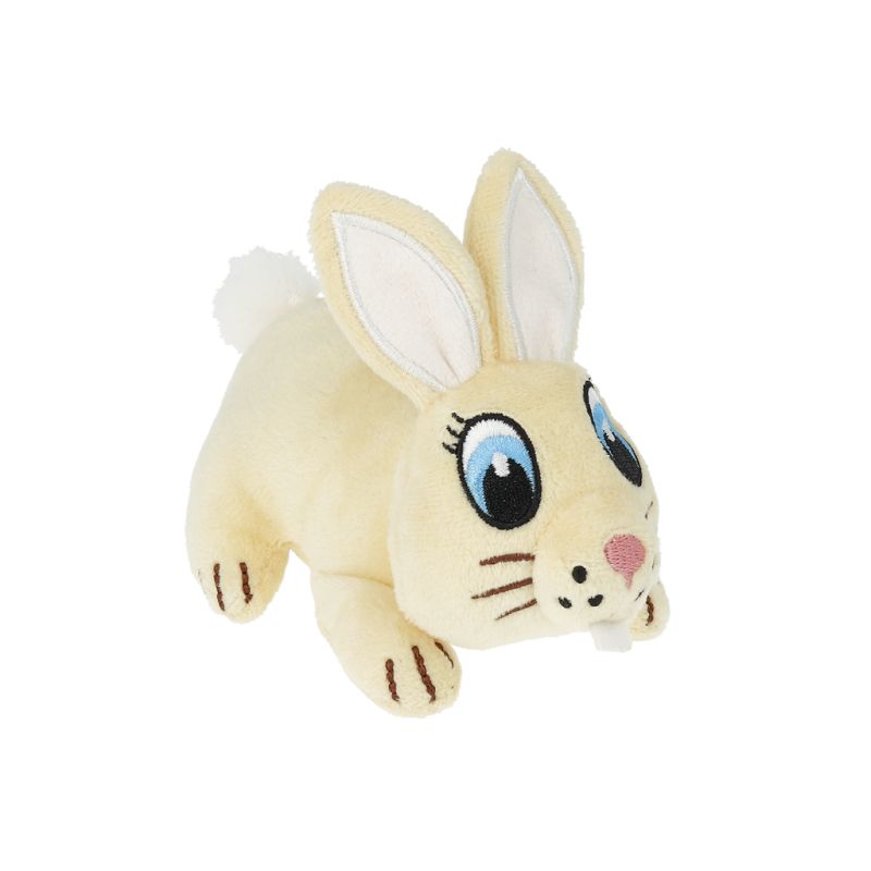 Plüschhase mit großen blauen Augen, weißen Ohren und rosa Nase, leicht nach rechts gewandt.