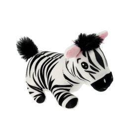 Stofftier-Zebra mit schwarzen und weißen Streifen, rosa Ohren und flauschigem Schweif vor weißem Hintergrund.