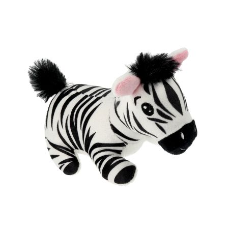 Stofftier-Zebra mit schwarzen und weißen Streifen, rosa Ohren und flauschigem Schweif vor weißem Hintergrund.