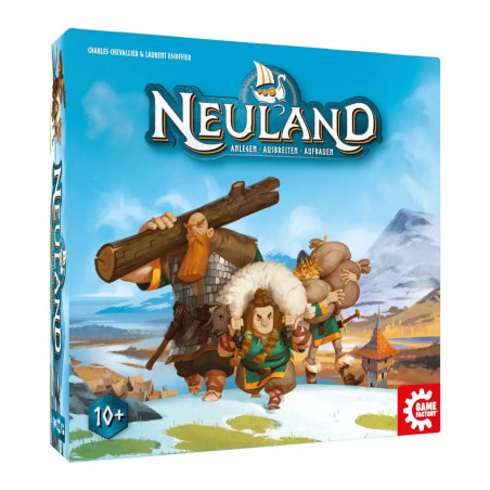 Spieleschachtel von Neuland mit Figuren in Winterkleidung, die durch ein verschneites, bergiges Dorf gehen.