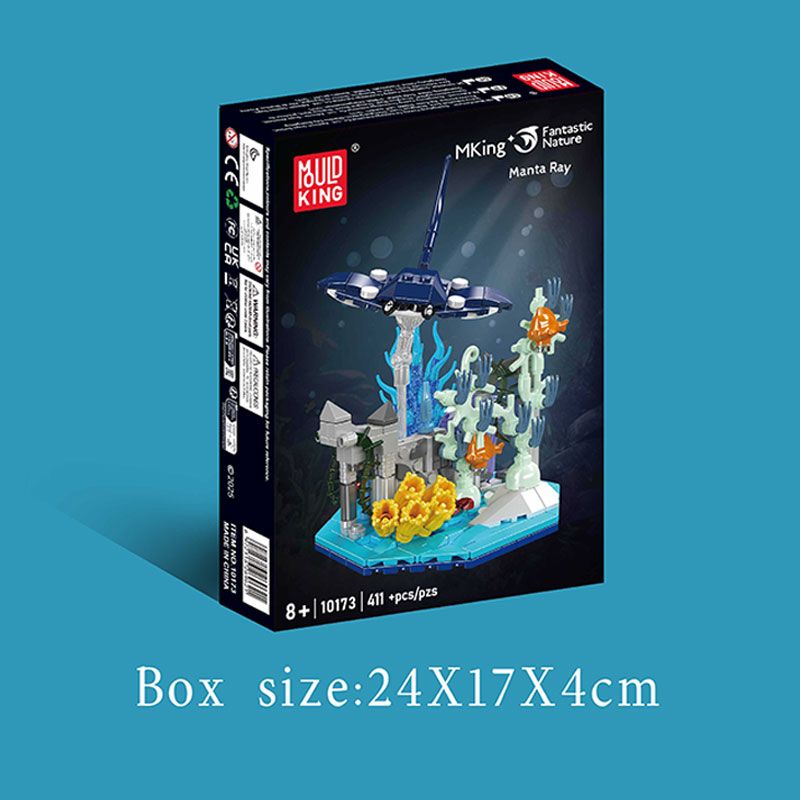 Mould King Manta Ray Bauset, Schachtel zeigt Unterwasserszene mit Mantarochen und Korallen, Maße: 24x17x4 cm.