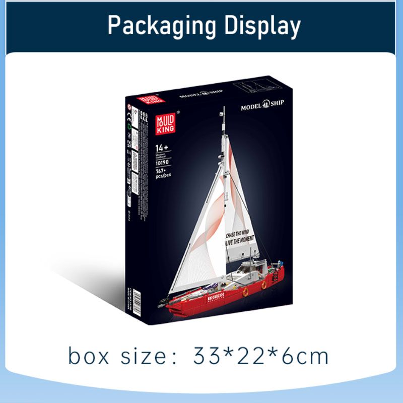 Verpackung mit Modellsegelboot, Aufschrift Packaging Display, Maße 33×22×6cm, geeignet ab 14 Jahren.