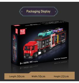 Baubox für Sportwagen-Transporter mit rotem LKW und bunten Autos auf der Vorderseite.