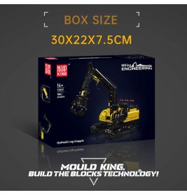 Baubox einer schwarzen und gelben hydraulischen Holzgreifer-Modellbauweise, Maße: 30x22x7,5 cm.