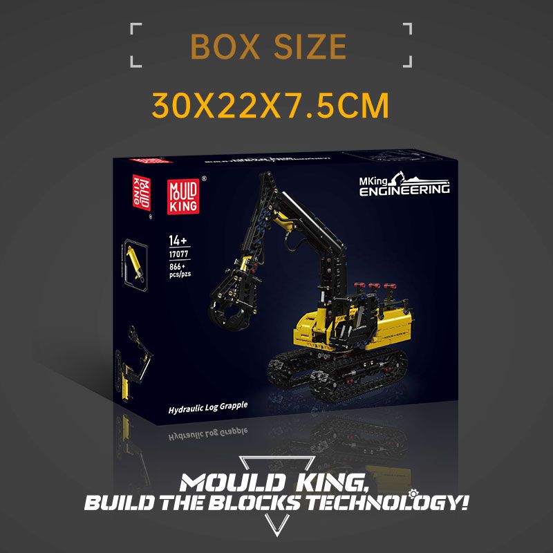 Baubox einer schwarzen und gelben hydraulischen Holzgreifer-Modellbauweise, Maße: 30x22x7,5 cm.