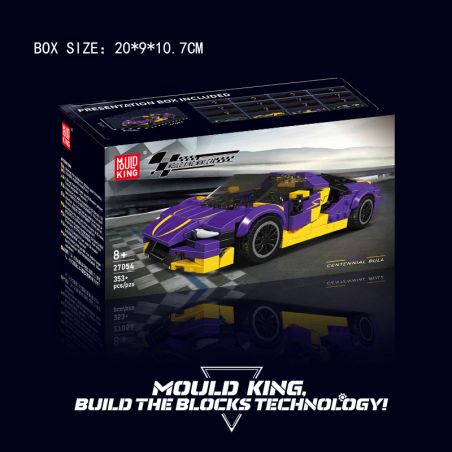 Lila-gelbes Spielzeugauto-Bauset, Mould King: Hundertjähriger Bulle, 353 Teile.