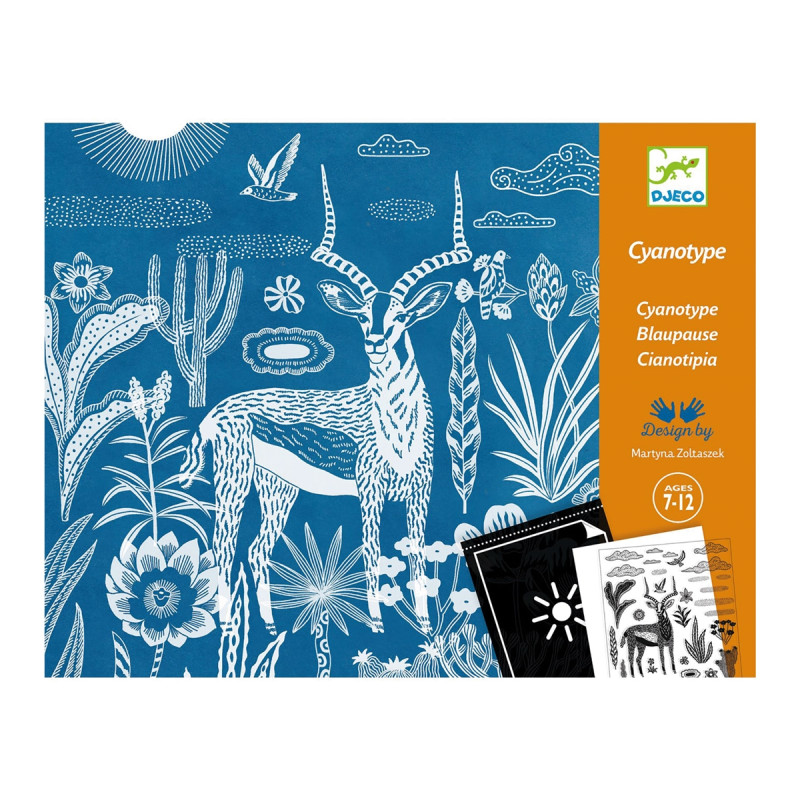 Blau-weiße Cyanotypie-Box mit Illustration einer Antilope und Wüstenpflanzen.