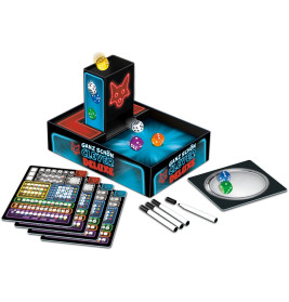 Brettspielset mit Würfeln, Wertungsbögen, Markern und Schachtel mit der Aufschrift Ganz Schön Clever Deluxe.