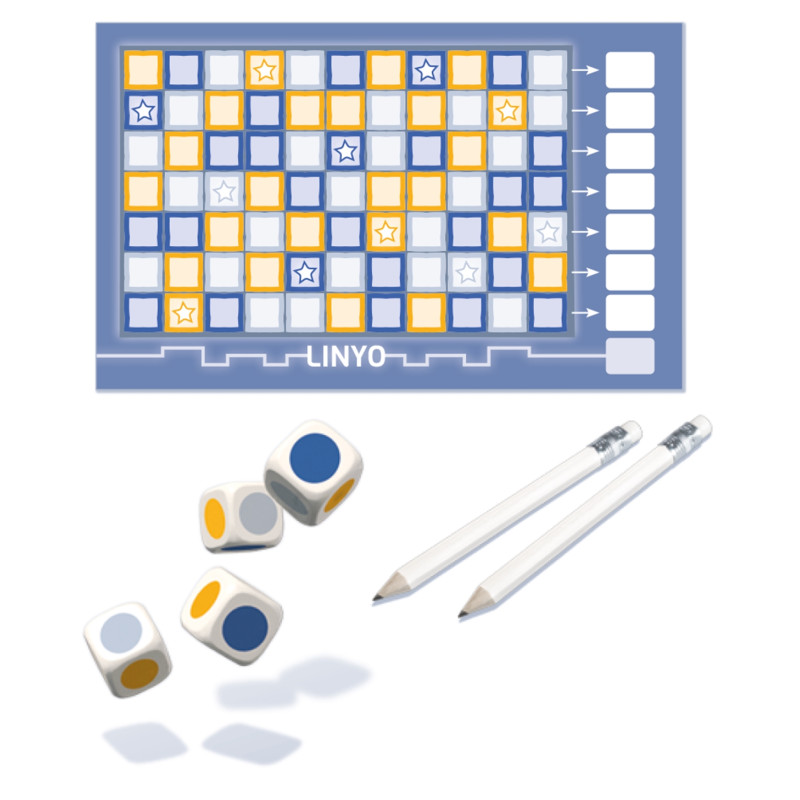 Ein Spielbrett mit bunten Feldern, drei Würfeln und zwei Stiften auf weißem Hintergrund.