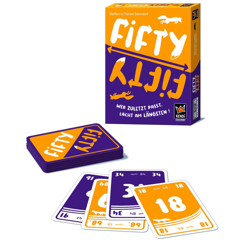 Das Kartenspiel Fifty Fifty mit lilafarbenen und orangenen Karten sowie Schachtel auf weißem Hintergrund.