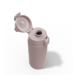 Hellrosa Thermoflasche mit geöffnetem Klappdeckel aus der Vogelperspektive auf weißem Hintergrund.